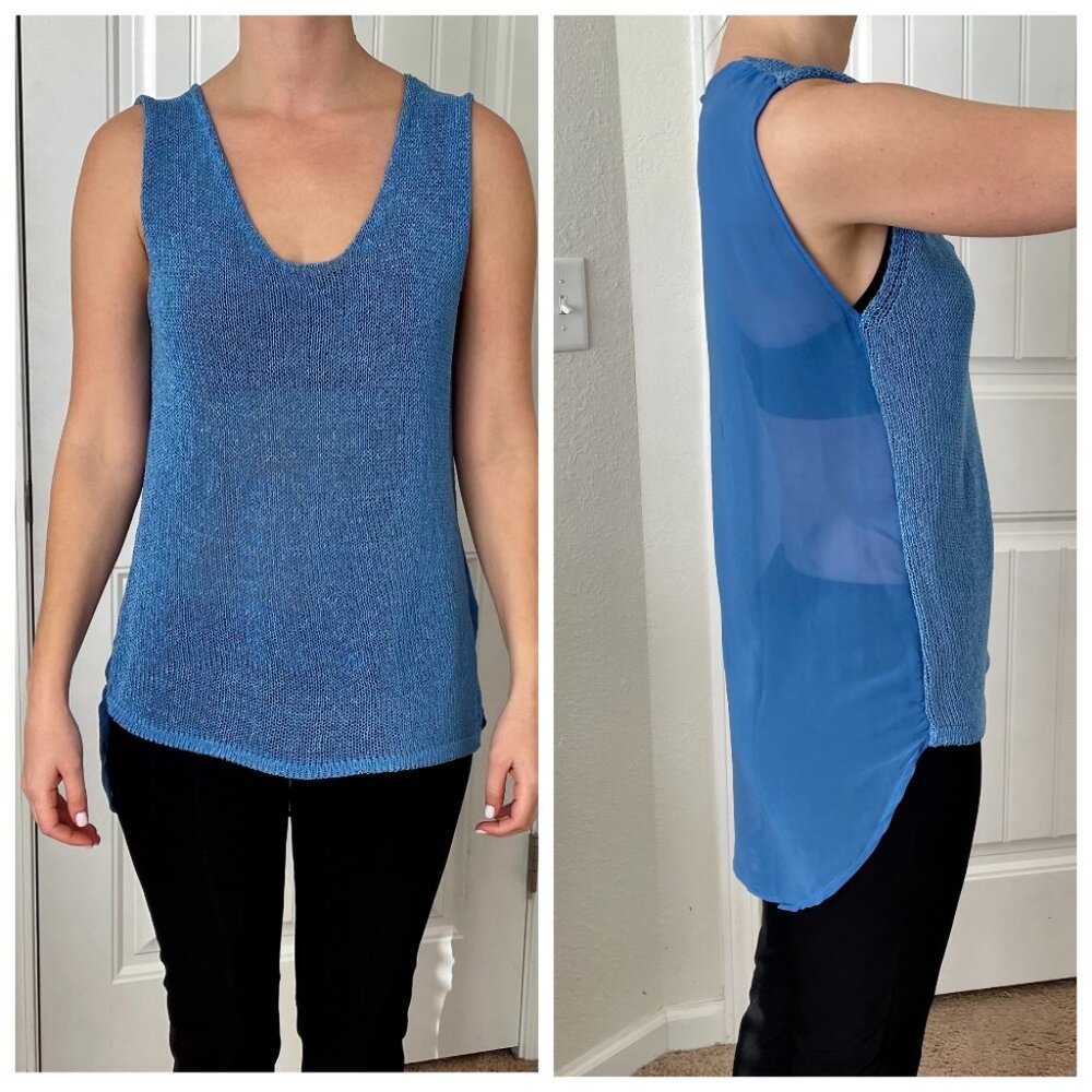 NWOT Zara Blue Knit Front Sheer Chiffon High Low Back Sleeveless Top M L